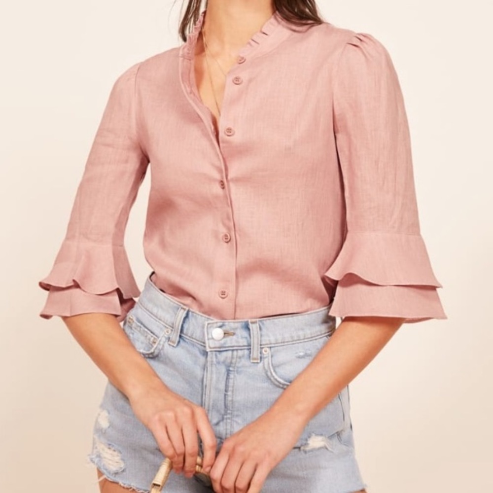Reformation Bloom Linen Button Down in Serenade S